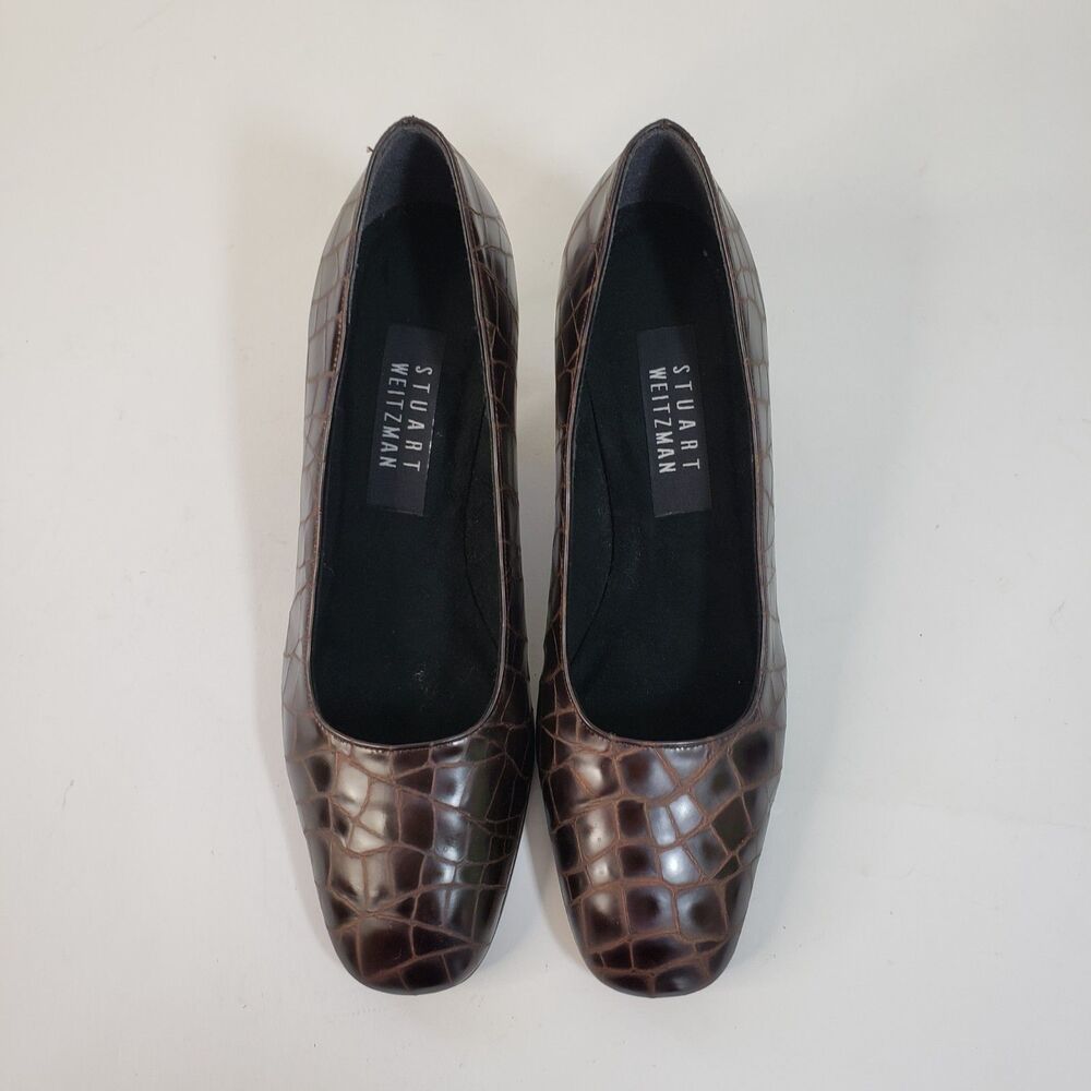 Vtg Stuart Weitzman Brown Leather Pumps 7.5 M Alligator Low Chunky Block Heel